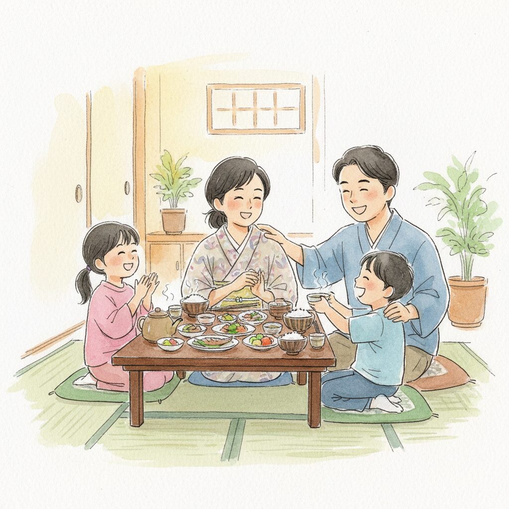 朝ドラ『ばけばけ』で家族を優しく見守る母のイメージ、サザエさんのフネのような穏やかな雰囲気