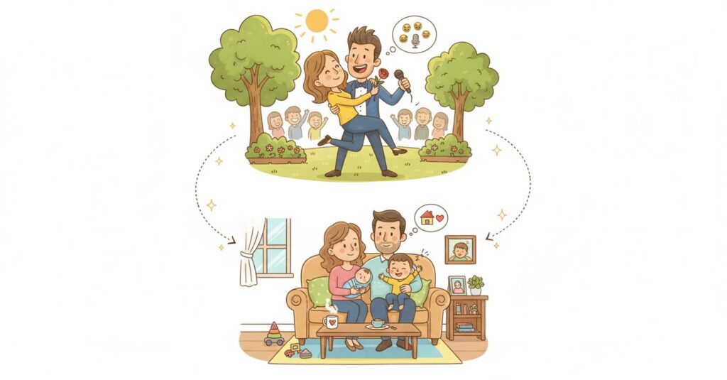 きしたかの高野さんと岸大将さんの結婚と家族生活を描いたイラスト。高野夫妻はロマンチックな雰囲気、岸夫妻は穏やかな家庭の様子。