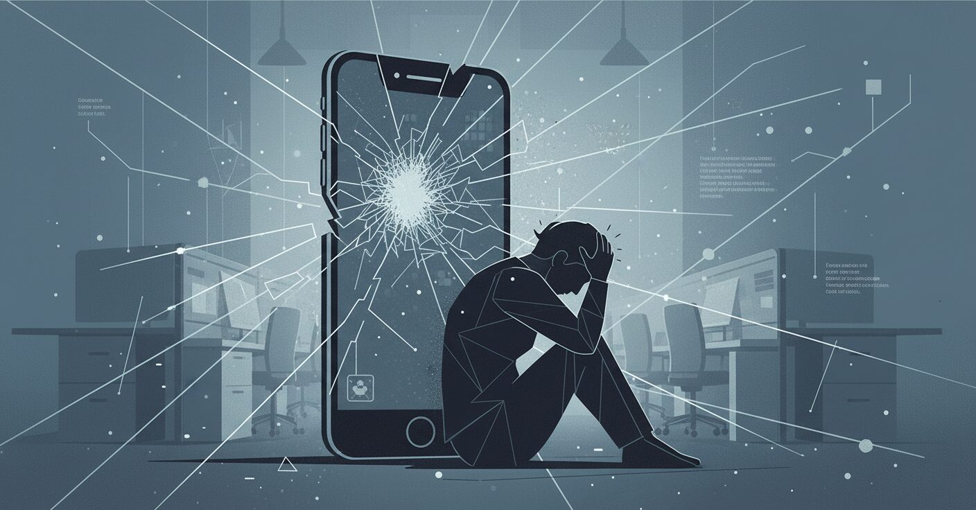 割れたスマートフォンの破片と精神的に疲弊した人物のシルエット、企業環境のストレスを表す抽象的なイラスト