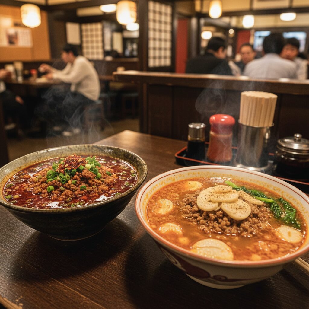 矢場味仙と味仙今池本店の台湾ラーメンが並べられた食卓の写真。それぞれ異なるスープの色合いと具材の盛り付けが特徴的で、食欲をそそる。