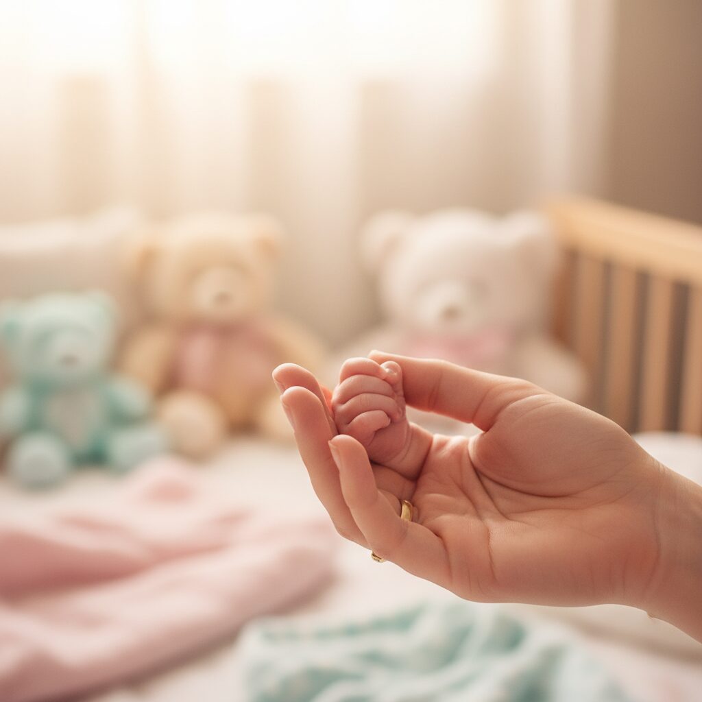 母親が赤ちゃんの小さな手を優しく握っている感動的な瞬間。