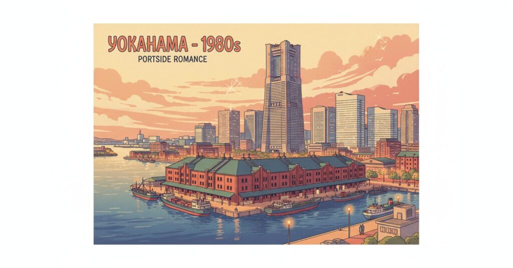 1980年代の横浜港の風景イラスト。カラフルなレトロ調で、港、倉庫、近代的な建物が描かれ、よこはまチャチャの雰囲気を感じさせる。