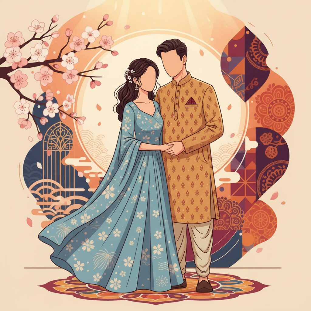 日本の女性とインドの男性が並んで笑顔を見せているイラスト。背景には桜とインドの伝統模様が融合しており、国際結婚の温かい雰囲気を表現している。