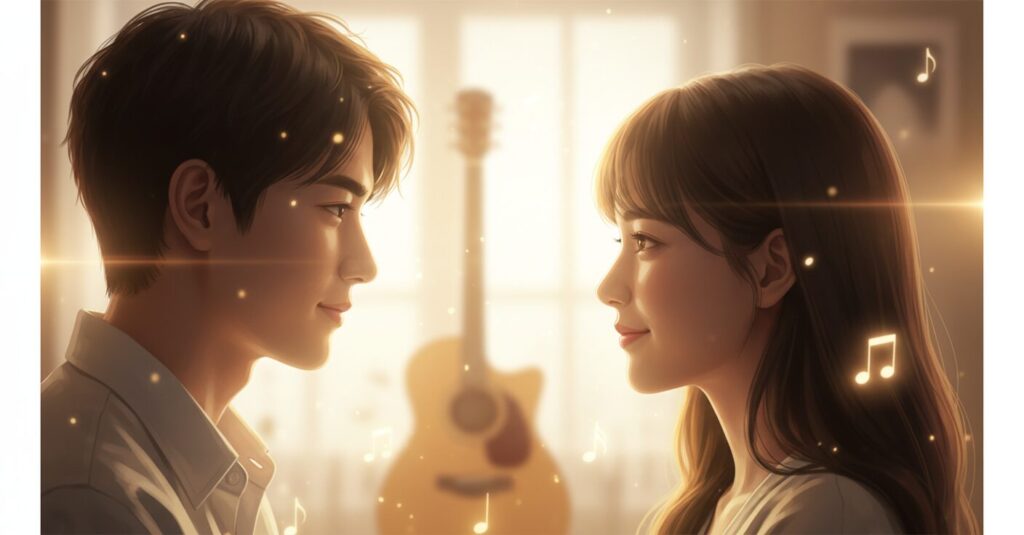 映画『君が最後に遺した歌』で共演する道枝駿佑と生見愛瑠をイメージした、音楽的な要素と感動的なストーリーを予感させる画像