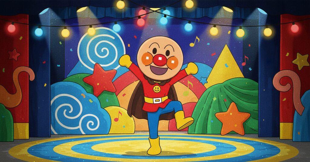 朝ドラ「あんぱん」で浜野謙太がアンパンマンを演じる舞台上の様子。笑顔で手を振るアンパンマンの被り物をした人物と、カラフルな舞台背景が描かれている。