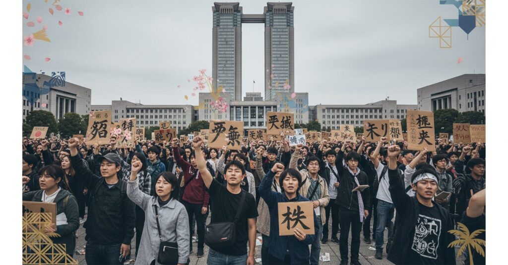 東京都庁前でプラカードを掲げ、小池百合子都政に抗議する大勢の人々のデモ風景。緊迫感と不信感が伝わる。