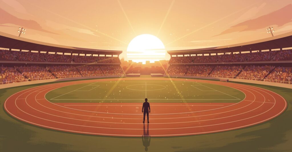 夕焼けに染まる陸上競技場に立つ人影と、感動的な雰囲気