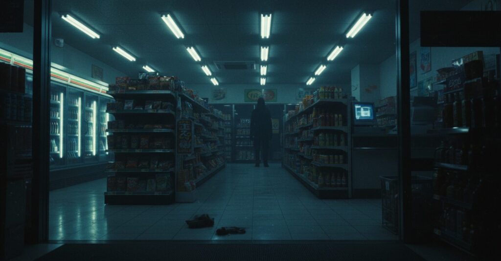 深夜のコンビニの暗い店内。蛍光灯が点滅し、レジ奥に不気味な人影が見える。映画『夜勤事件』の恐怖を連想させる場面。