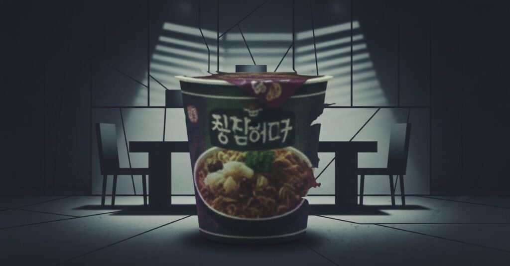 排泄物が混入されたインスタント食品と事件の暗い側面を示す抽象的なイラスト