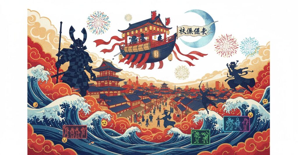 江戸時代の街並みを背景に、葛飾北斎を思わせる浮世絵の波や、現代的な遊び心を融合させた芸術的なイラスト。大河ドラマ「べらぼう」の豪華キャスト発表による期待感を表現している。