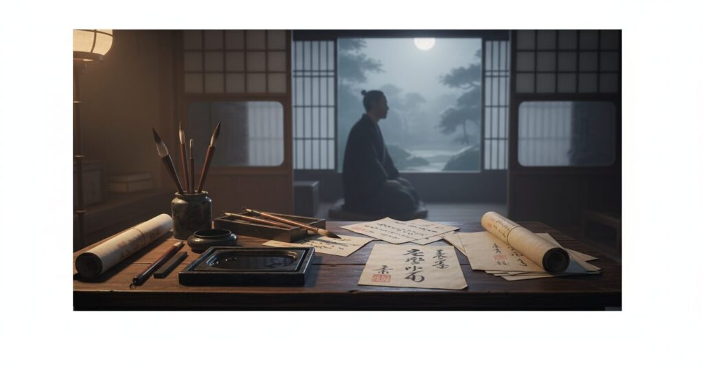 江戸時代の書斎で筆と紙に向かう曲亭馬琴のイメージ。背後には津田健次郎のシルエット。