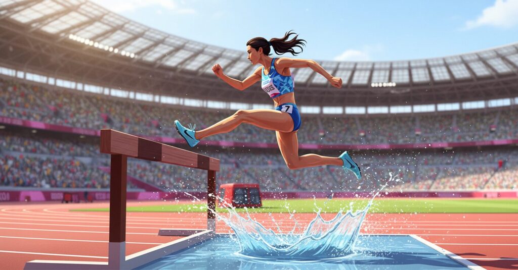 女子3000m障害で水濠を飛び越える陸上選手のダイナミックなイラスト。東京世界陸上を思わせるスタジアムの背景。