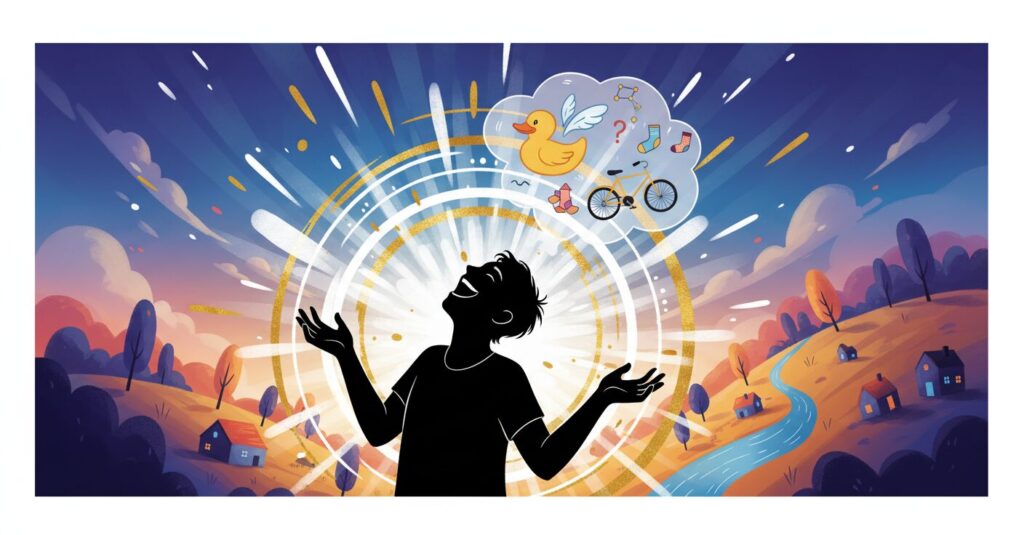 盲目の漫談家が、固定観念にとらわれない独自の視点から語りかける様子を抽象的に表現したイラスト。笑いと多様性を象徴するような明るい光が描かれている。