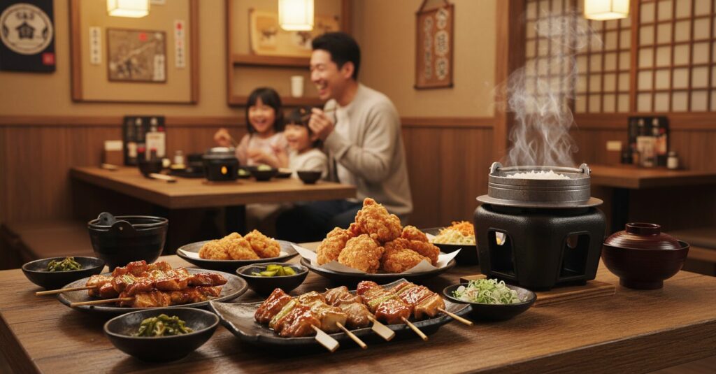 家族が炭火焼き鳥や唐揚げを楽しむ、賑やかなとりどーる店内の様子