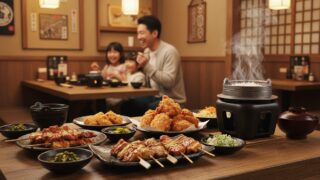 家族が炭火焼き鳥や唐揚げを楽しむ、賑やかなとりどーる店内の様子
