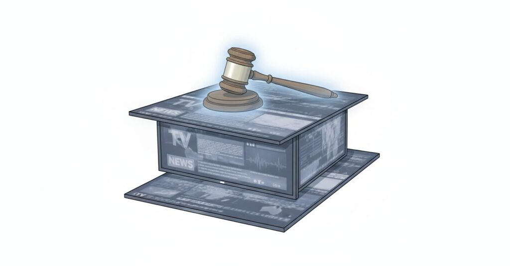 BPO審理を象徴するテレビ画面と木槌のイラスト