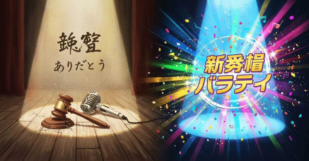 終焉を迎える長寿番組「行列のできる相談所」を象徴する、色褪せたスポットライトと新しい光が描かれた抽象的なイラスト