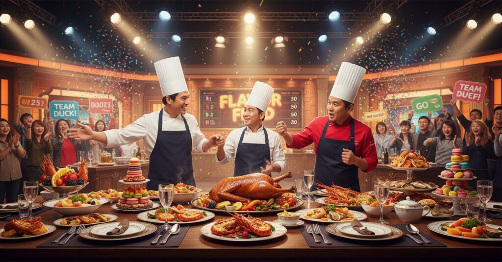 人気番組『ゴチになります！』の豪華な食事と賑やかなスタジオ風景