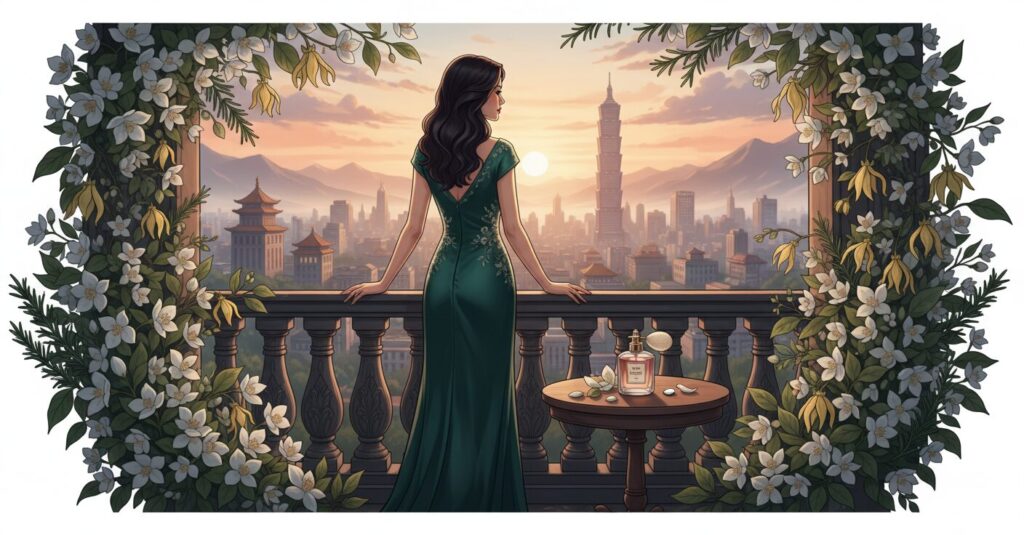 夕暮れの台湾を背景に、香りに包まれた女性と花々、香水瓶