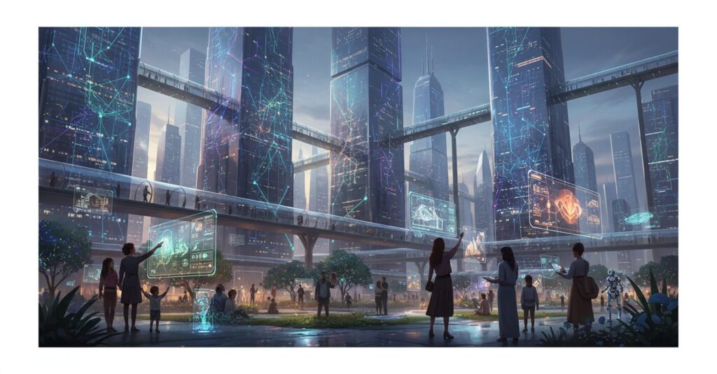 AI技術が生活に溶け込み、人々が共存する未来都市のイメージ