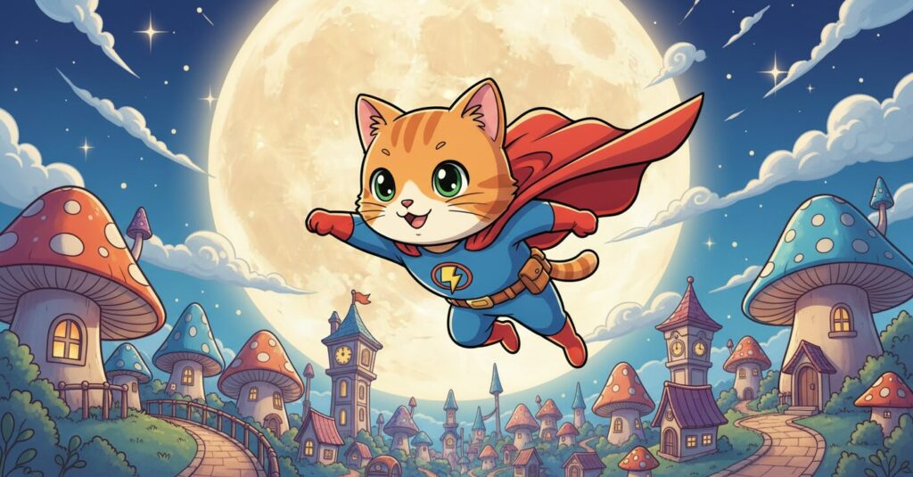 赤いマントをつけたニャンダーかめんが、夜空の月を背景に街の上を飛んでいるイラスト。