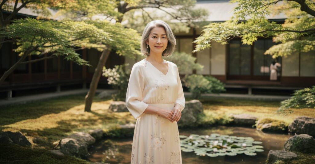 自然な美しさを湛え、年齢を重ねた魅力が光る50代の日本人女優のポートレート。