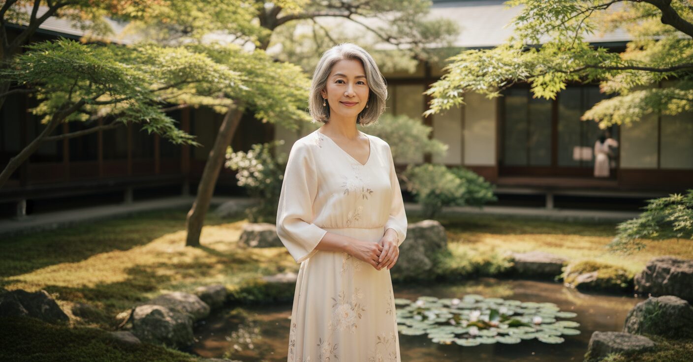 自然な美しさを湛え、年齢を重ねた魅力が光る50代の日本人女優のポートレート。