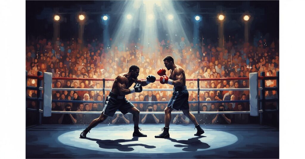 ボクシングリングで向き合う2人のシルエット。激しい舌戦と注目が集まる世紀の一戦を表現。