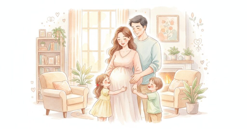 鈴木あきえさんの第3子妊娠と家族の温かい日々を示すイラスト