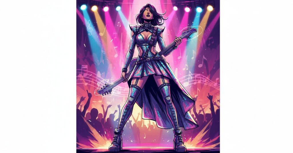 ステージ上で歌唱する女性ボーカリストの全身像。スタイリッシュな服装が特徴的。