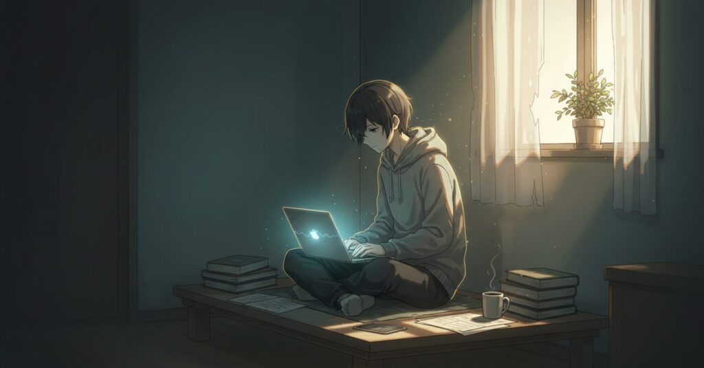 一人静かに内省する人物のイラスト。MBTIの「負け組」というレッテルに対する個人の葛藤と希望を象徴。