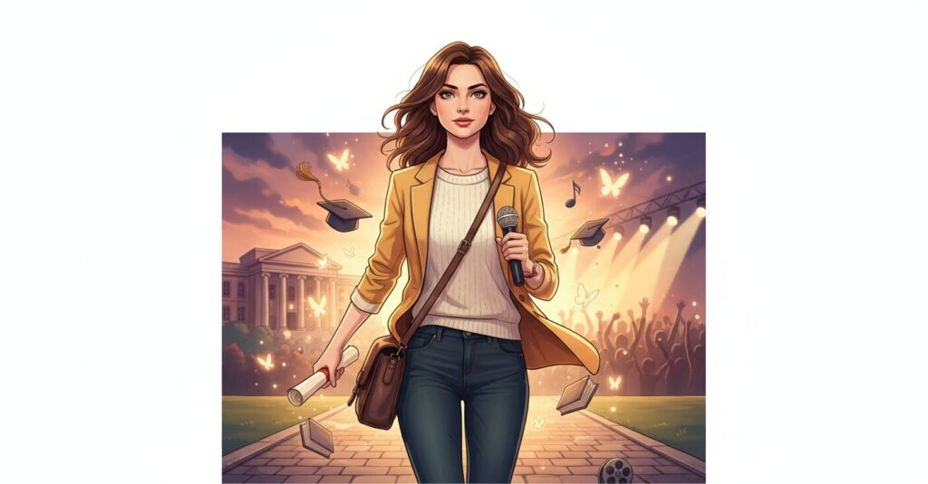 若き女性が学業とキャリアの道を選ぶ様子を描いたイラスト