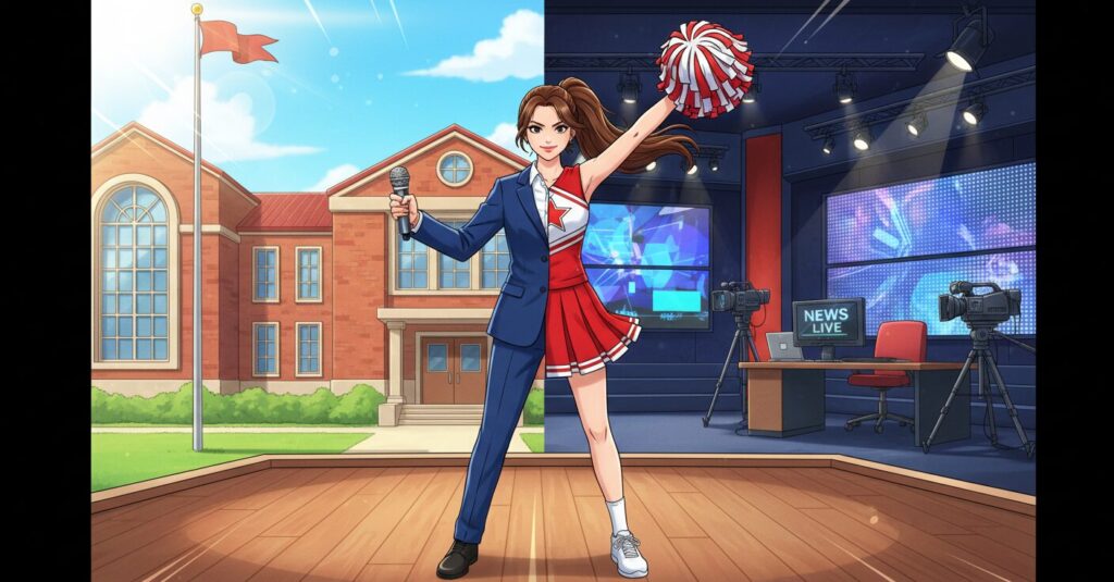 五十嵐にいかアナウンサーの高校時代を示す、チアダンスと放送を融合させたイメージ