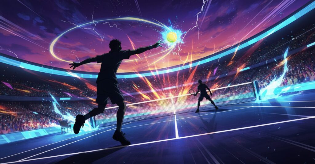 新テニスの王子様 U-17 WORLD CUP 決勝戦スペイン代表との激闘を描いたイメージイラスト。日本とスペインの選手が対峙し、緊張感あふれる試合の瞬間を表現。