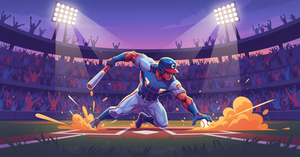 パワプロ風の野球選手がサードで躍動している様子。マニー・マチャド選手のパワフルなプレイを表現。