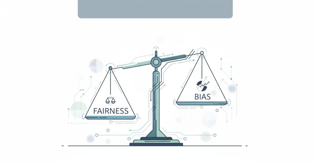AI倫理の課題を表すバランススケール。片方に「公平性」、もう片方に「偏見」の概念があり、背景にはデジタルなネットワーク模様が描かれている。