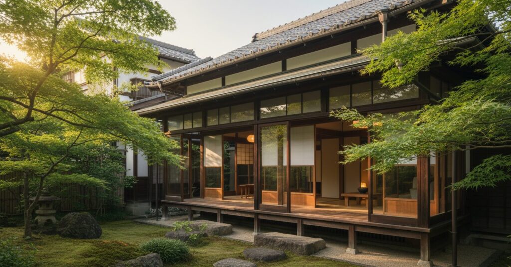 緑豊かな庭に囲まれた京都の古民家で過ごす、本上まなみさんの家族のイメージ