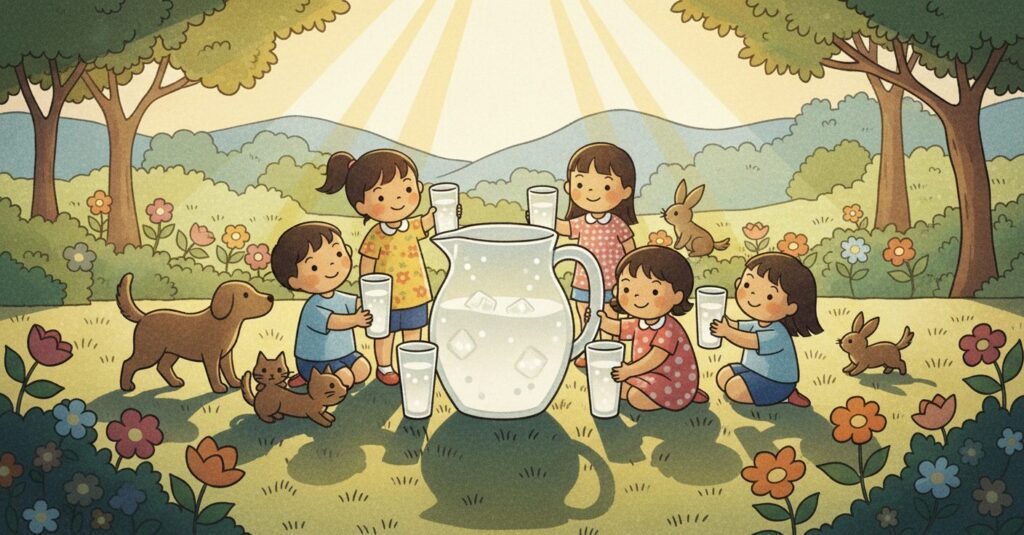 藤城清治氏の影絵風イラスト。カルピスのような飲み物を囲む子供たちと動物たち。光と影が織りなす幻想的な夏の情景。喜びと健康を表現している。