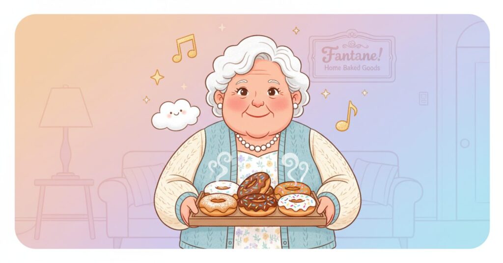 ドーナツを持った笑顔のレオーナおばさんのイラスト