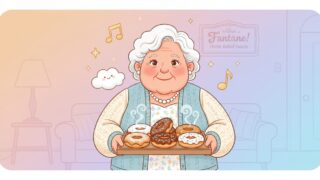 ドーナツを持った笑顔のレオーナおばさんのイラスト