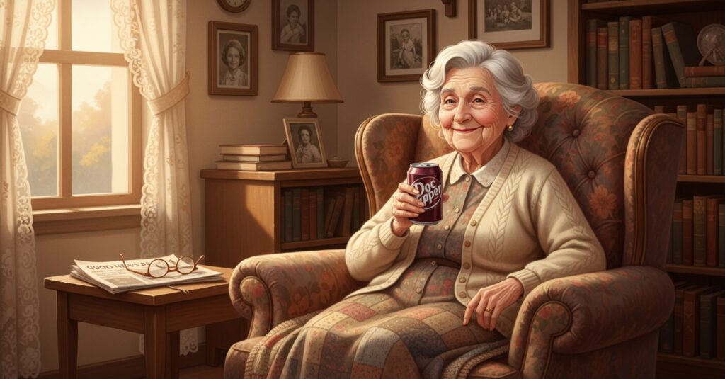 ドクターペッパーを片手に微笑むエリザベス・サリバンさんのイラスト。長寿とユーモアを象徴。