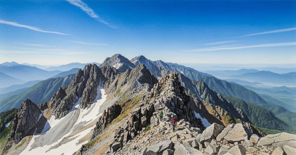 北アルプス槍ヶ岳の北鎌尾根の壮大な岩稜風景