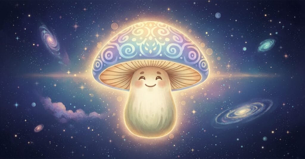 しいたけ占いキャラクターが優しい光を放ち、読者に寄り添うイメージ