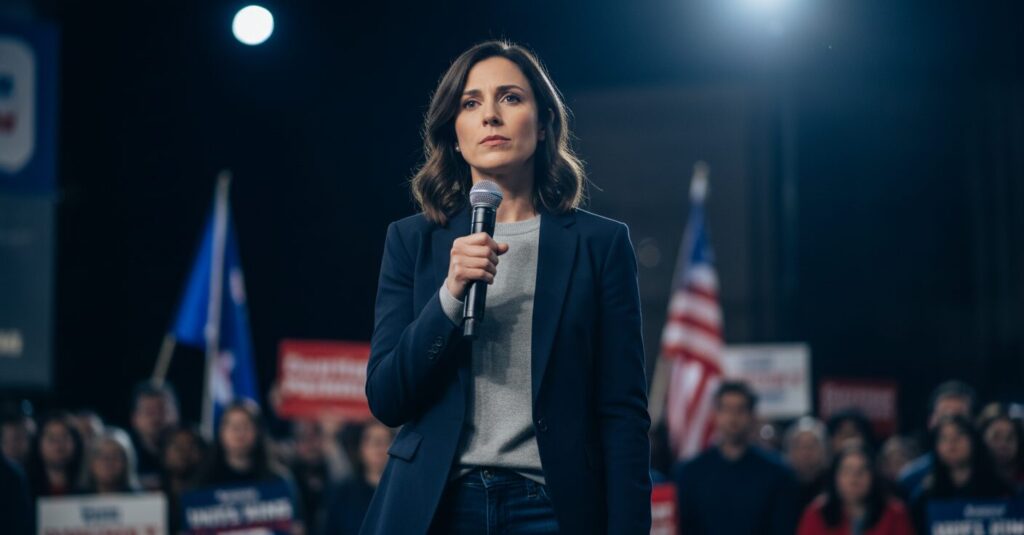 マイクを持ち、真剣な表情で演説する女性の姿。背景には、政治集会を思わせるぼやけた群衆が見える。