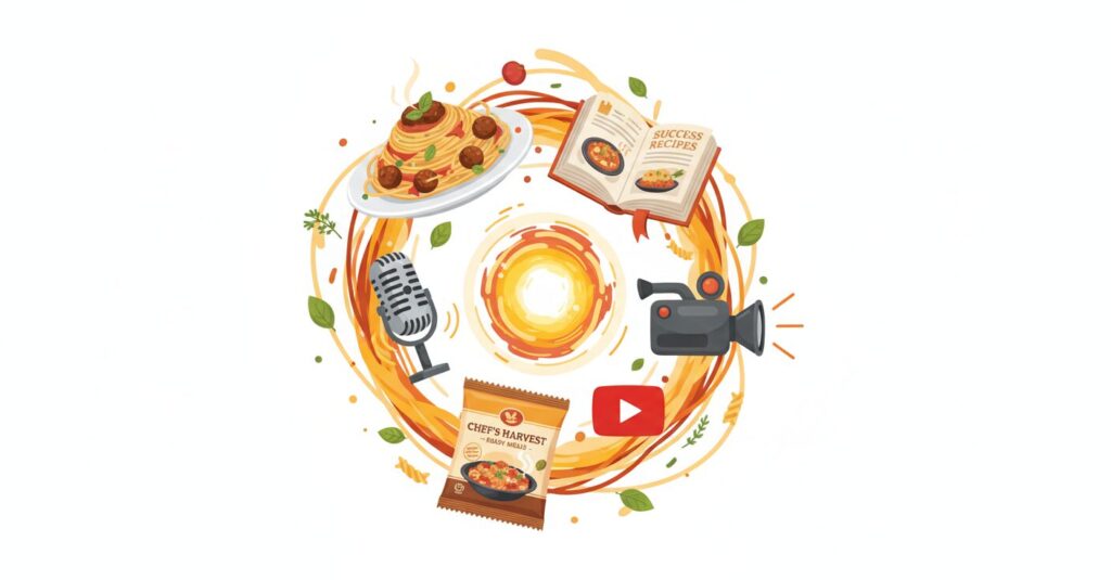 大食いタレントがテレビ、YouTube、書籍、商品プロデュースなど多方面で活躍し成功している様子を示すイラスト