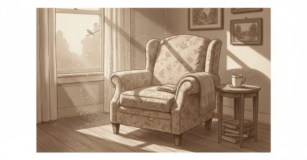 居心地の良いリビングルームのヴィンテージ感ある肘掛け椅子。光が差し込み、温かみと懐かしさを感じさせる。マシュー・ペリーの人生とキャリア、そして彼が残した影響を象徴。