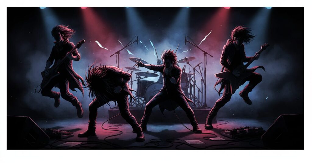 激しい演奏をするメタルコアバンドのステージ上のシルエットとドラマチックな照明