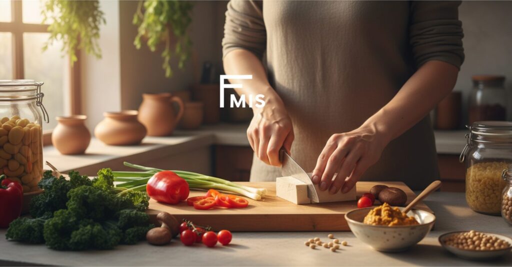 新鮮な野菜と手作り味噌を準備する女性の手元、水川あさみさんの健康的な食生活をイメージした画像