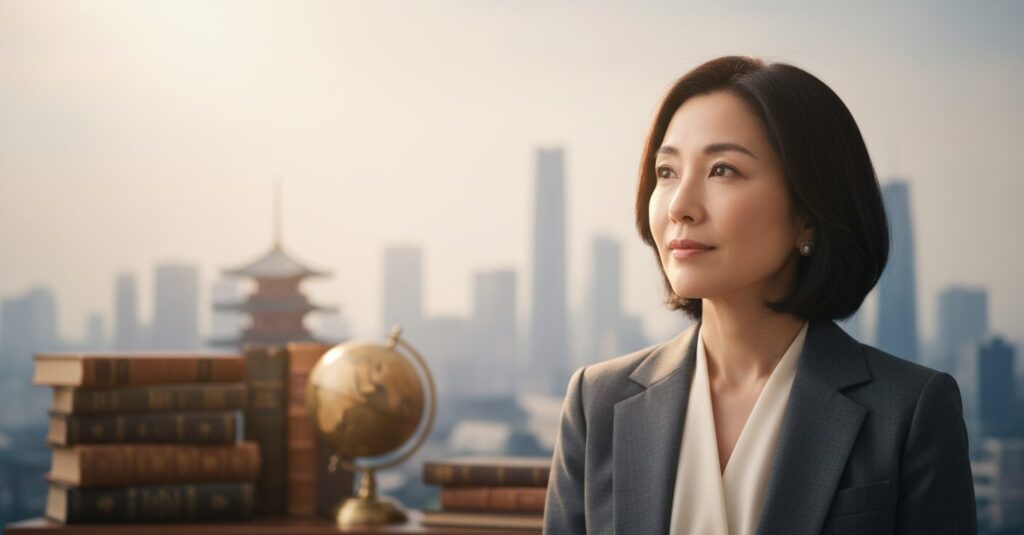 思慮深く、前向きな表情の女性が学業とキャリアの道を歩むイメージ