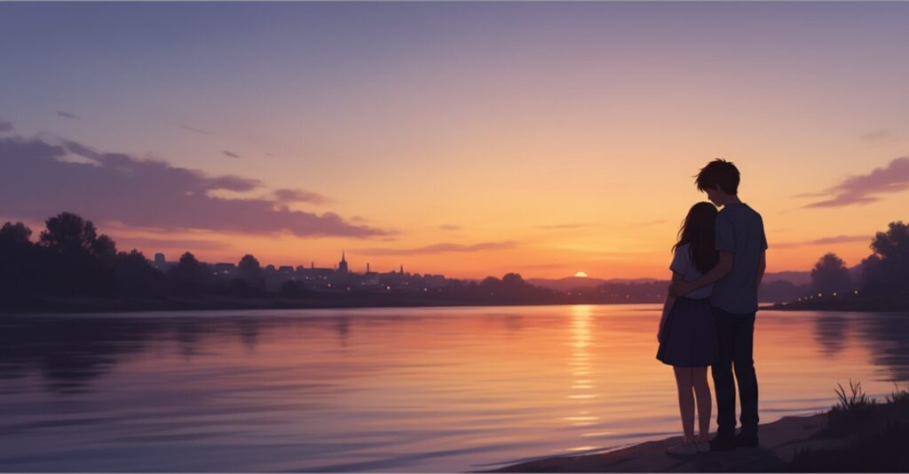 夕暮れの川辺で寄り添う少年と少女のシルエット。暖かくもどかしい雰囲気のキスシーンを想起させるイラスト。